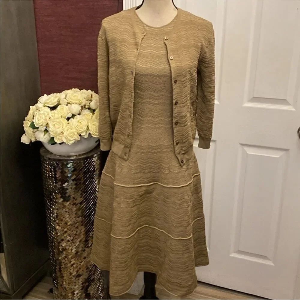 Ralph Lauren black labelโElegant Tan Women's Dress and Cardigan Set, L